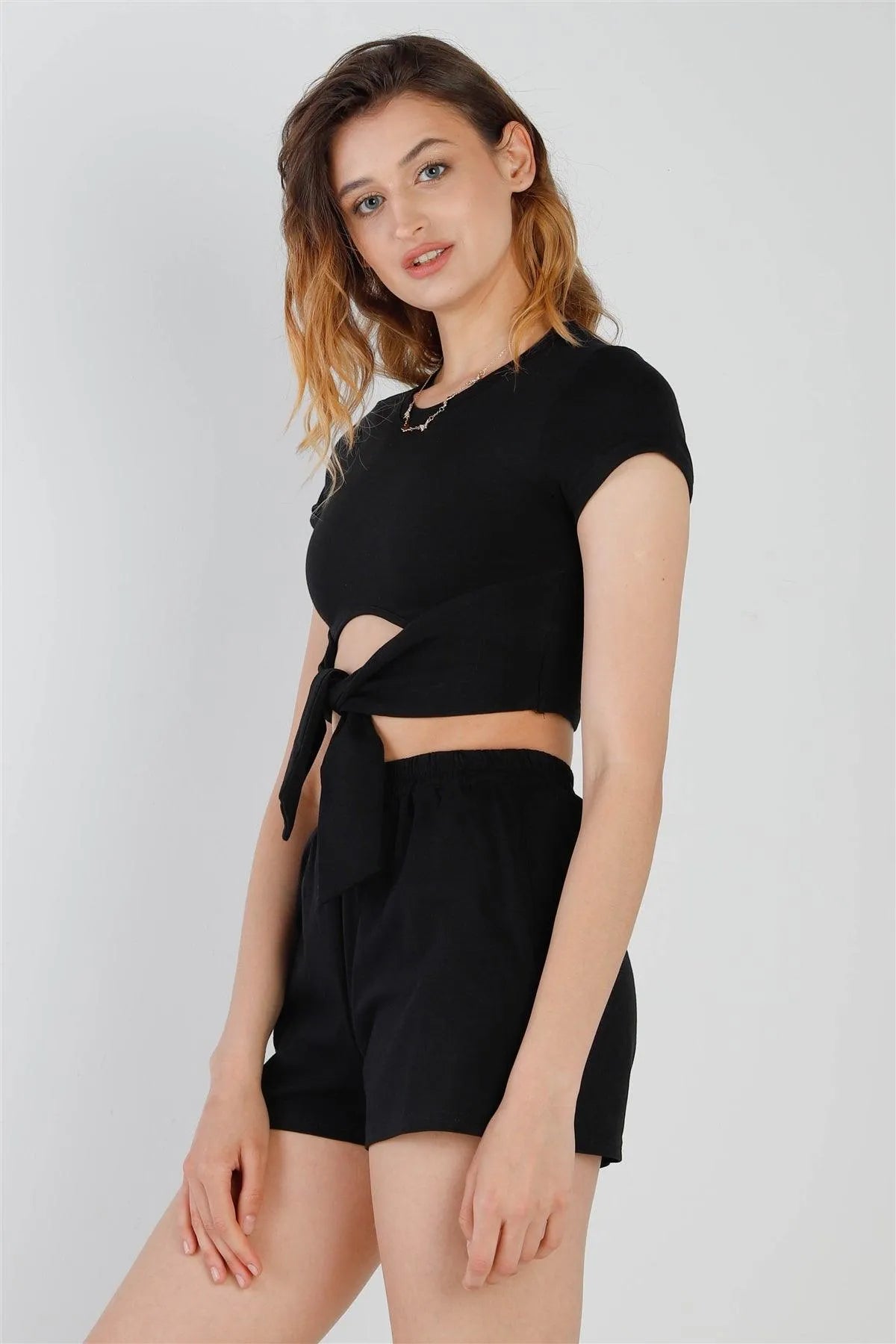 Black Cut-Out Detail Self-Tie Hem Short Sleeve Crop Top & High Waist Short Set /2-2-2 - Tasha Apparel Wholesale