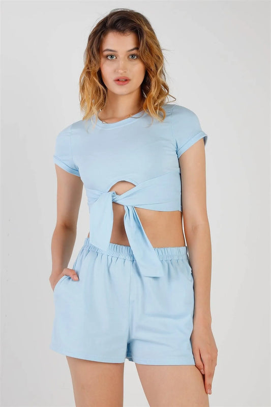 Blue Cut-Out Detail Self-Tie Hem Short Sleeve Crop Top & High Waist Short Set /2-2-2 - Tasha Apparel Wholesale