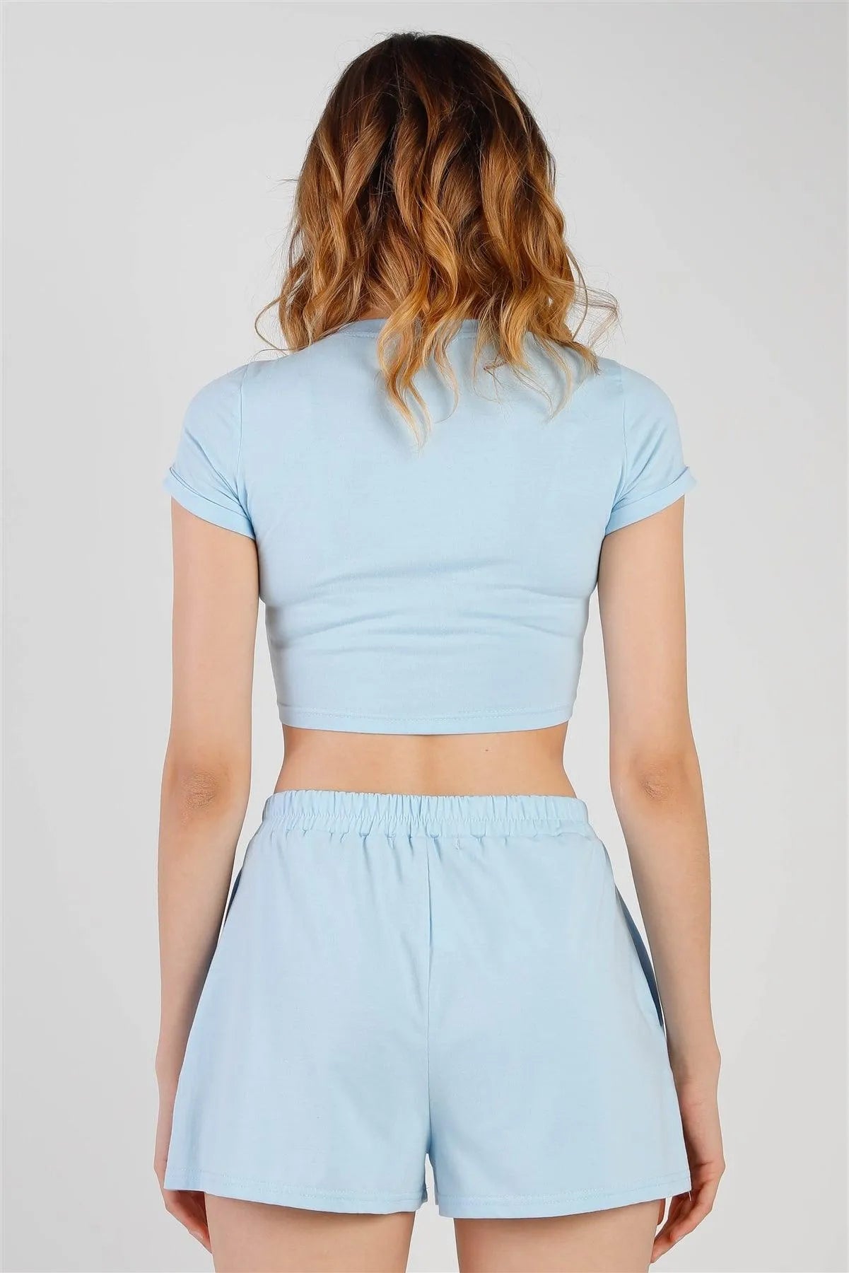 Blue Cut-Out Detail Self-Tie Hem Short Sleeve Crop Top & High Waist Short Set /2-2-2 - Tasha Apparel Wholesale
