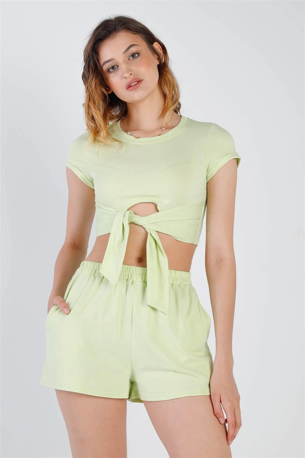 Green Cut-Out Detail Self-Tie Hem Short Sleeve Crop Top & High Waist Short Set /2-2 - Tasha Apparel Wholesale