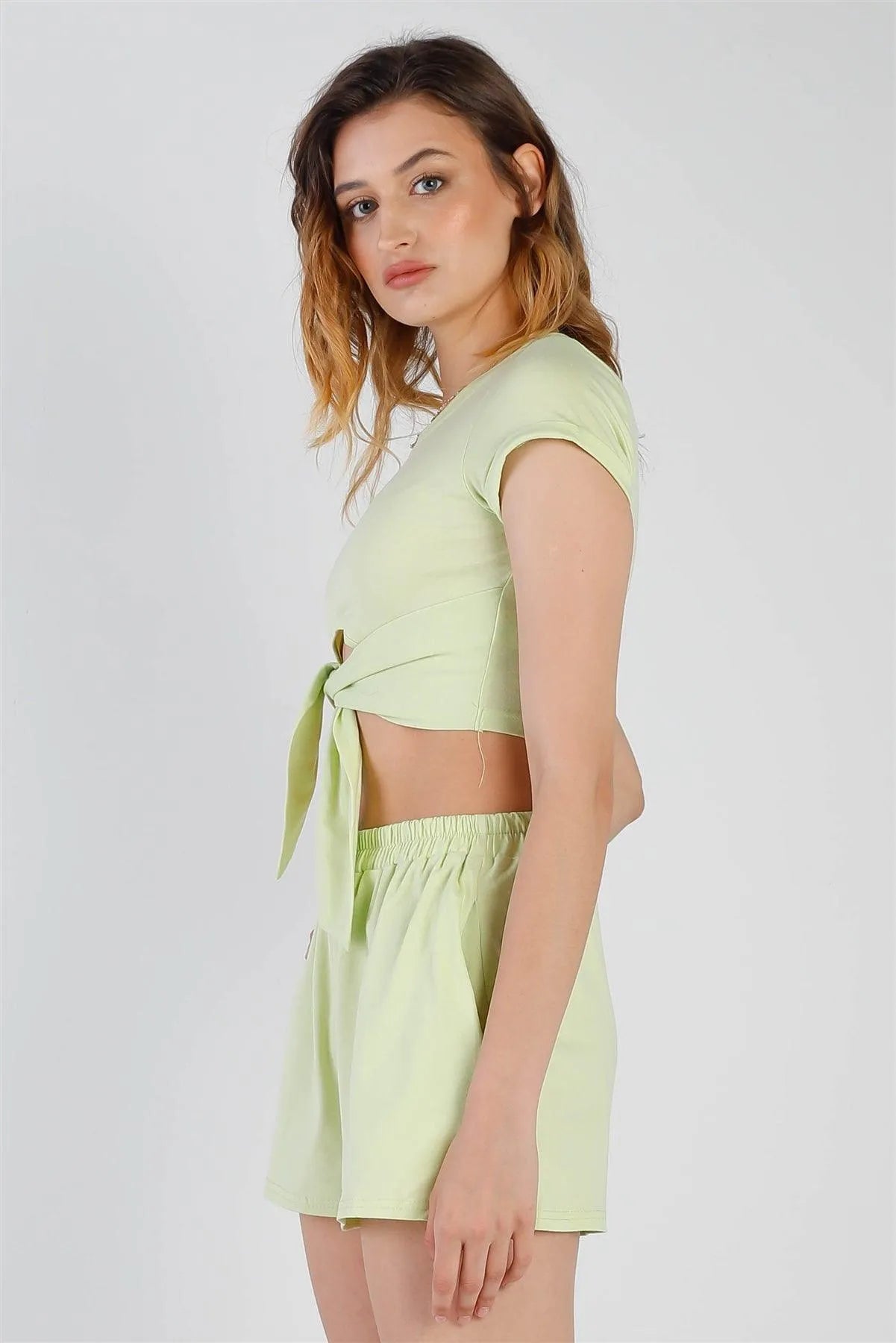 Green Cut-Out Detail Self-Tie Hem Short Sleeve Crop Top & High Waist Short Set /2-2 - Tasha Apparel Wholesale