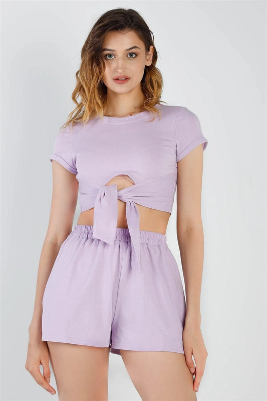 Lilac Cut-Out Detail Self-Tie Hem Short Sleeve Crop Top & High Waist Short Set /2-2-2 - Tasha Apparel Wholesale
