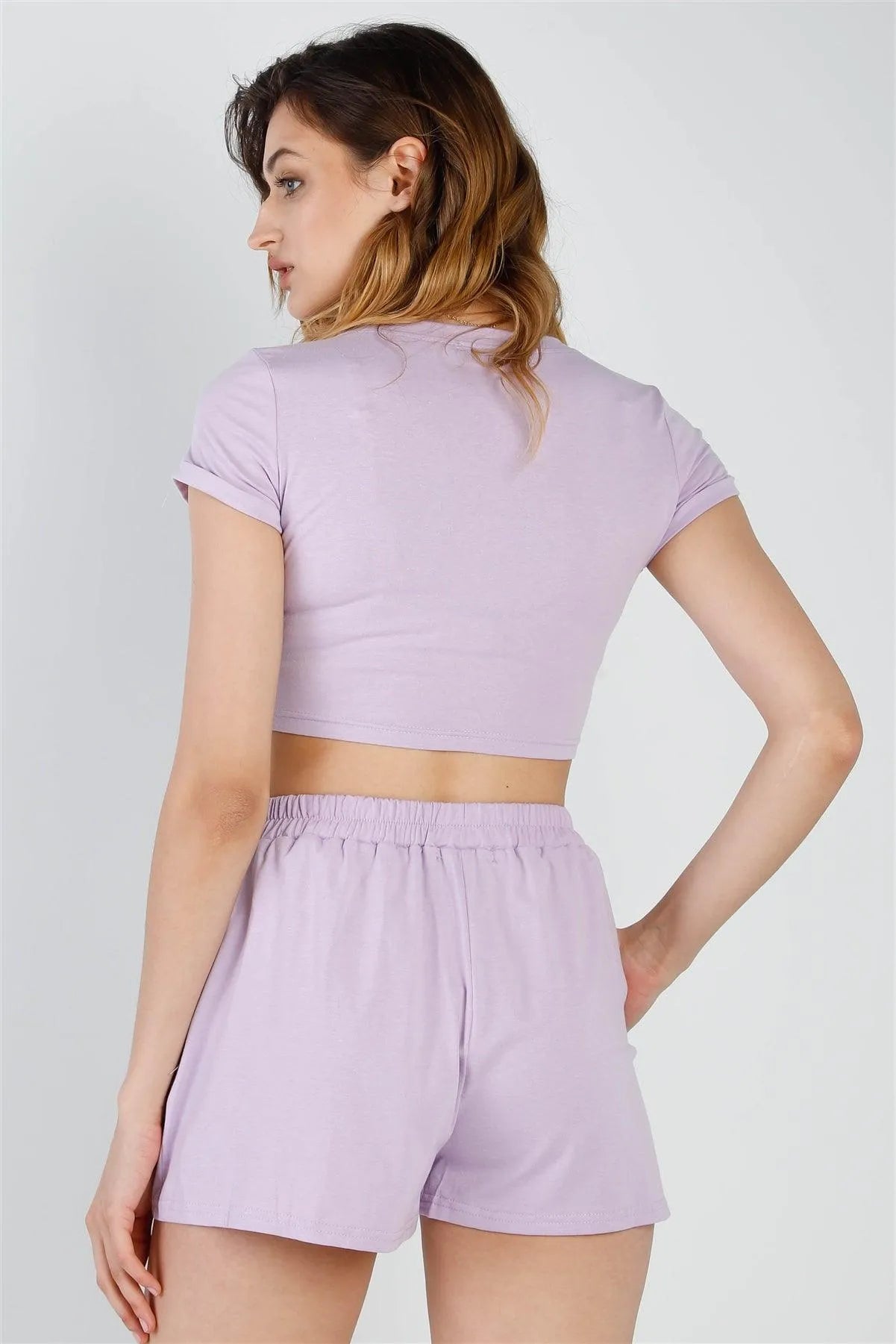 Lilac Cut-Out Detail Self-Tie Hem Short Sleeve Crop Top & High Waist Short Set /2-2-2 - Tasha Apparel Wholesale
