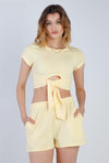 Yellow Cut-Out Detail Self-Tie Hem Short Sleeve Crop Top & High Waist Short Set /2-2-2