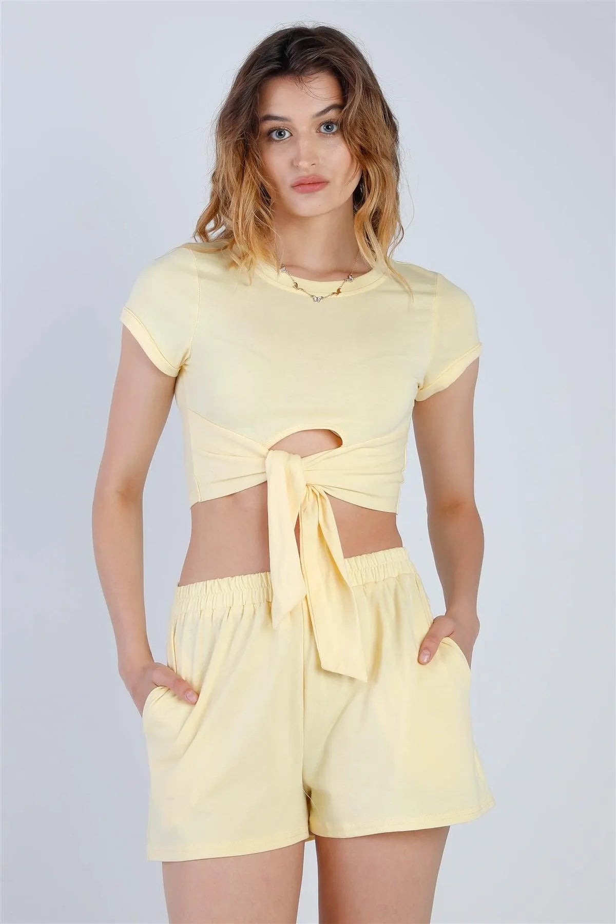 Yellow Cut-Out Detail Self-Tie Hem Short Sleeve Crop Top & High Waist Short Set /2-2-2 - Tasha Apparel Wholesale