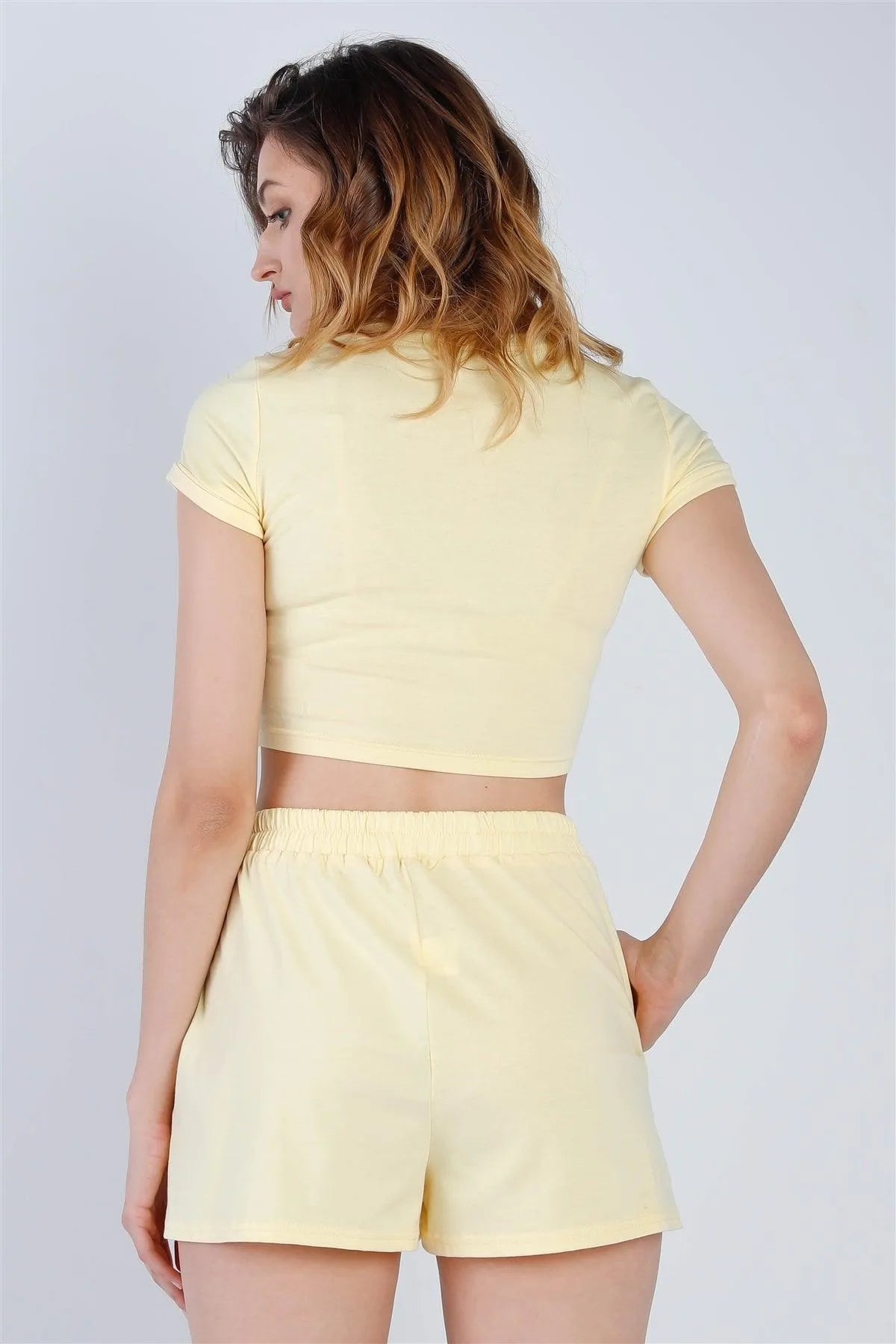 Yellow Cut-Out Detail Self-Tie Hem Short Sleeve Crop Top & High Waist Short Set /2-2-2 - Tasha Apparel Wholesale