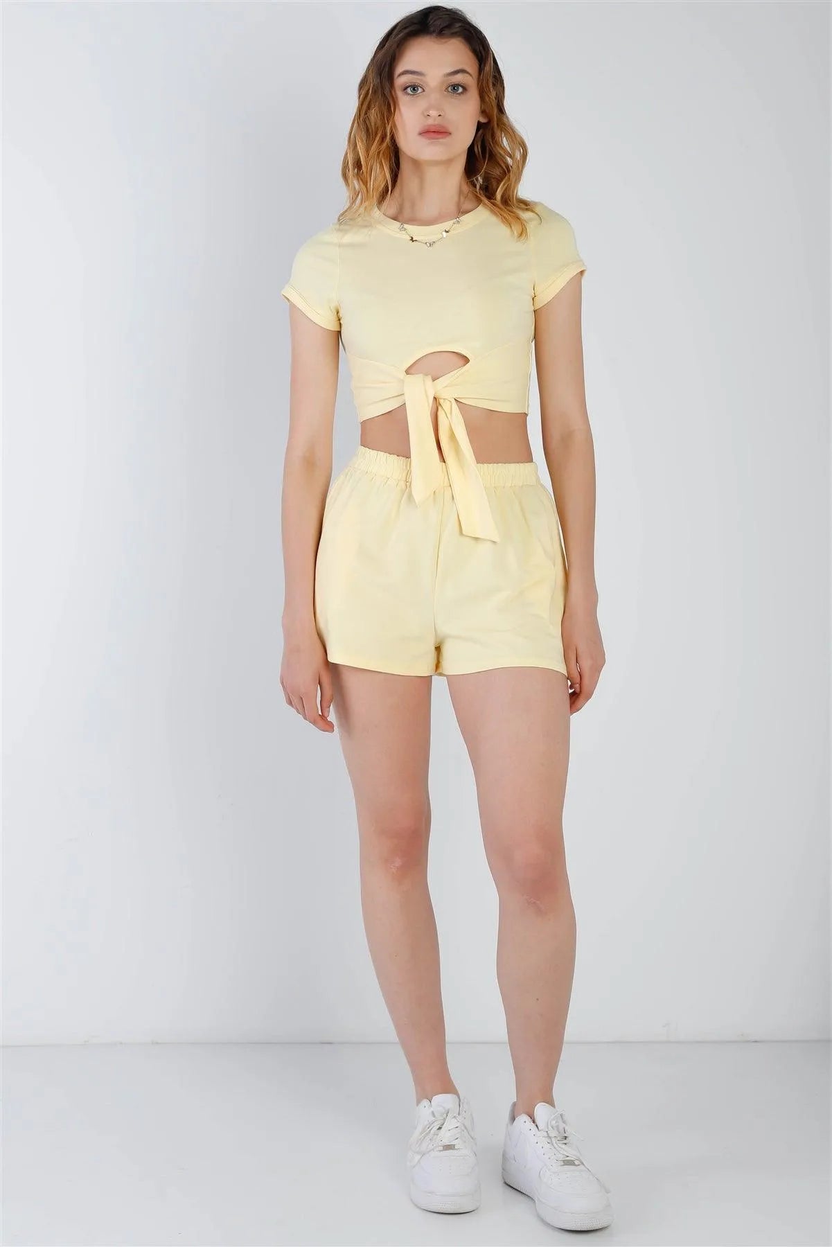 Yellow Cut-Out Detail Self-Tie Hem Short Sleeve Crop Top & High Waist Short Set /2-2-2 - Tasha Apparel Wholesale