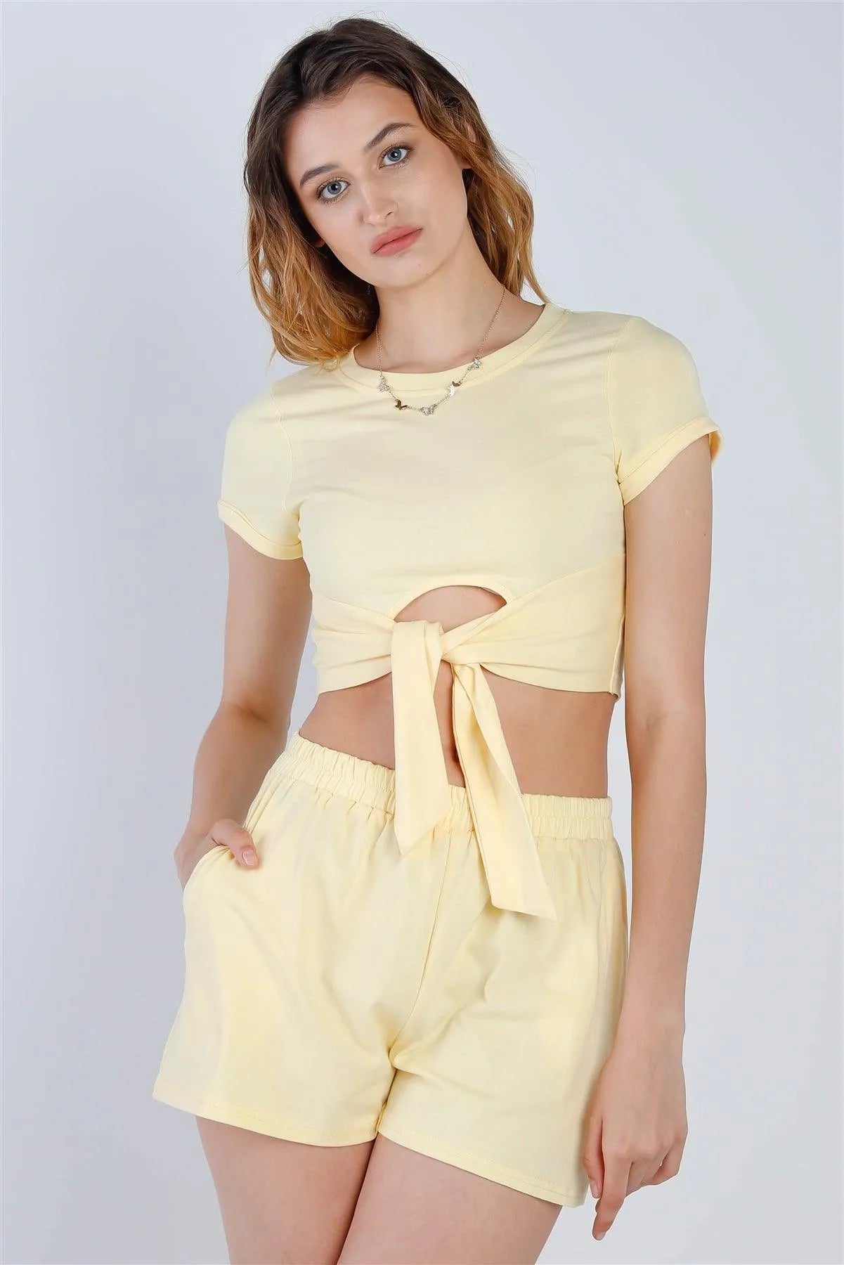 Yellow Cut-Out Detail Self-Tie Hem Short Sleeve Crop Top & High Waist Short Set /2-2-2 - Tasha Apparel Wholesale