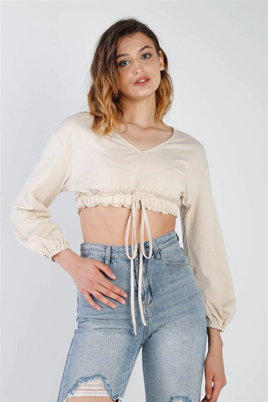 Beige Self-Tie Ruffle Hem V-Neck Long Balloon Sleeve Crop Top /2-2-2 - Tasha Apparel Wholesale