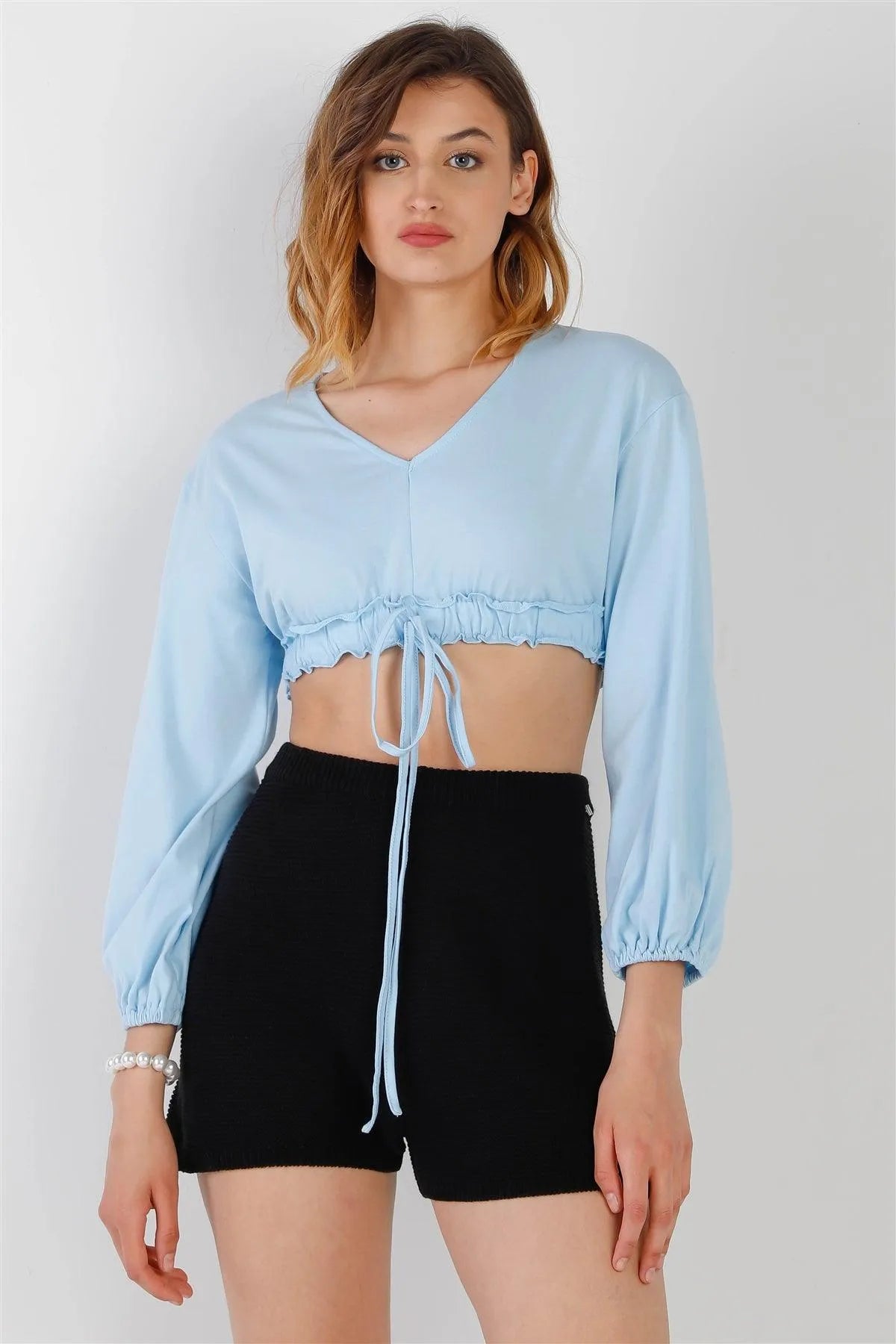 Blue Self-Tie Ruffle Hem V-Neck Long Balloon Sleeve Crop Top /2-2-2 - Tasha Apparel Wholesale