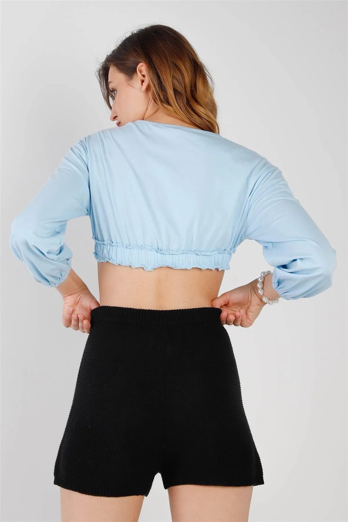 Blue Self-Tie Ruffle Hem V-Neck Long Balloon Sleeve Crop Top /2-2-2 - Tasha Apparel Wholesale