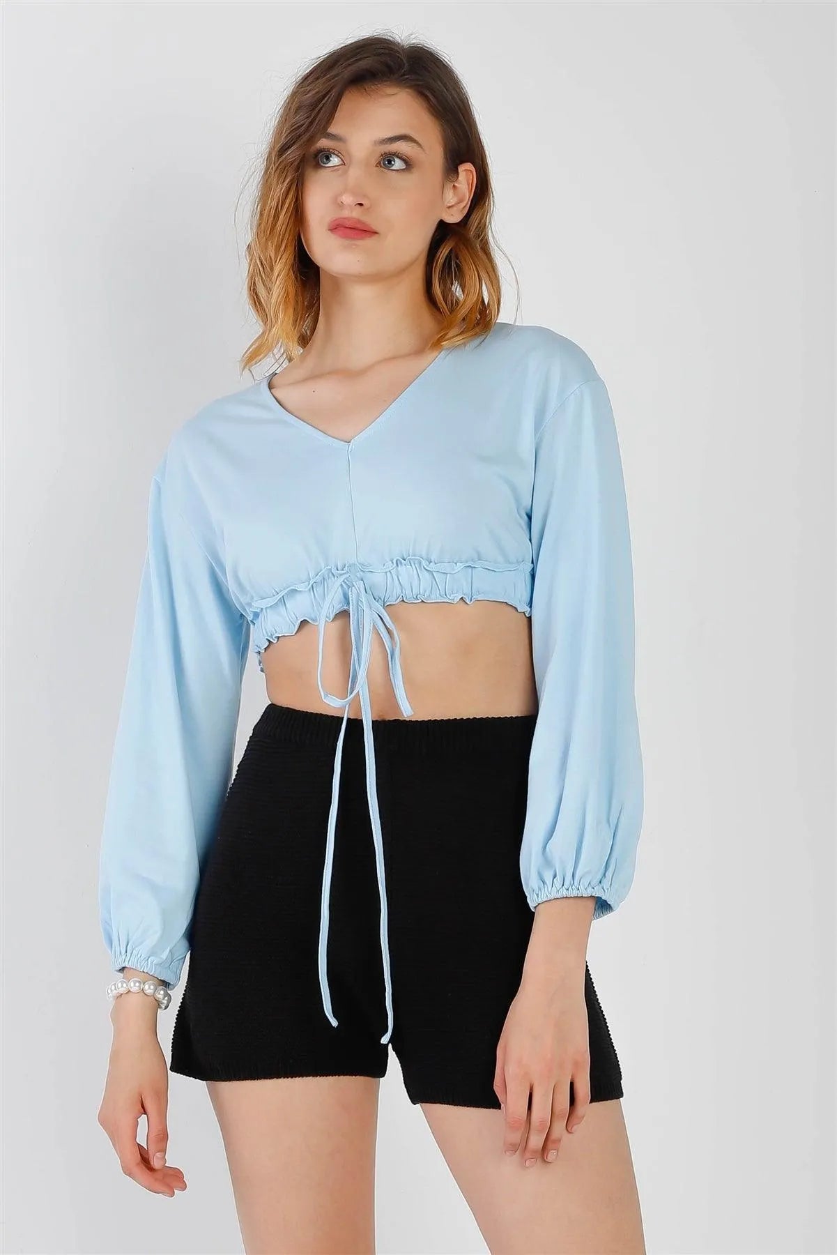 Blue Self-Tie Ruffle Hem V-Neck Long Balloon Sleeve Crop Top /2-2-2 - Tasha Apparel Wholesale