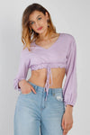 Lilac Self-Tie Ruffle Hem V-Neck Long Balloon Sleeve Crop Top /2-2-2 - Tasha Apparel Wholesale