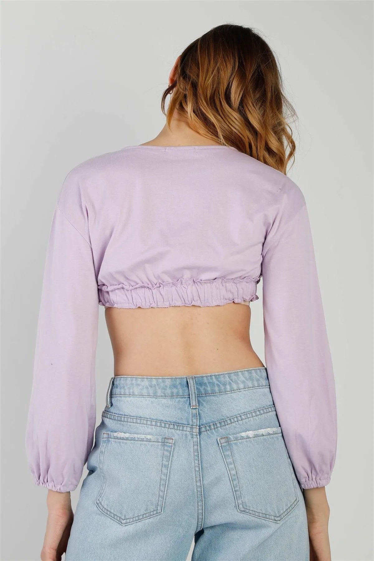 Lilac Self-Tie Ruffle Hem V-Neck Long Balloon Sleeve Crop Top /2-2-2 - Tasha Apparel Wholesale