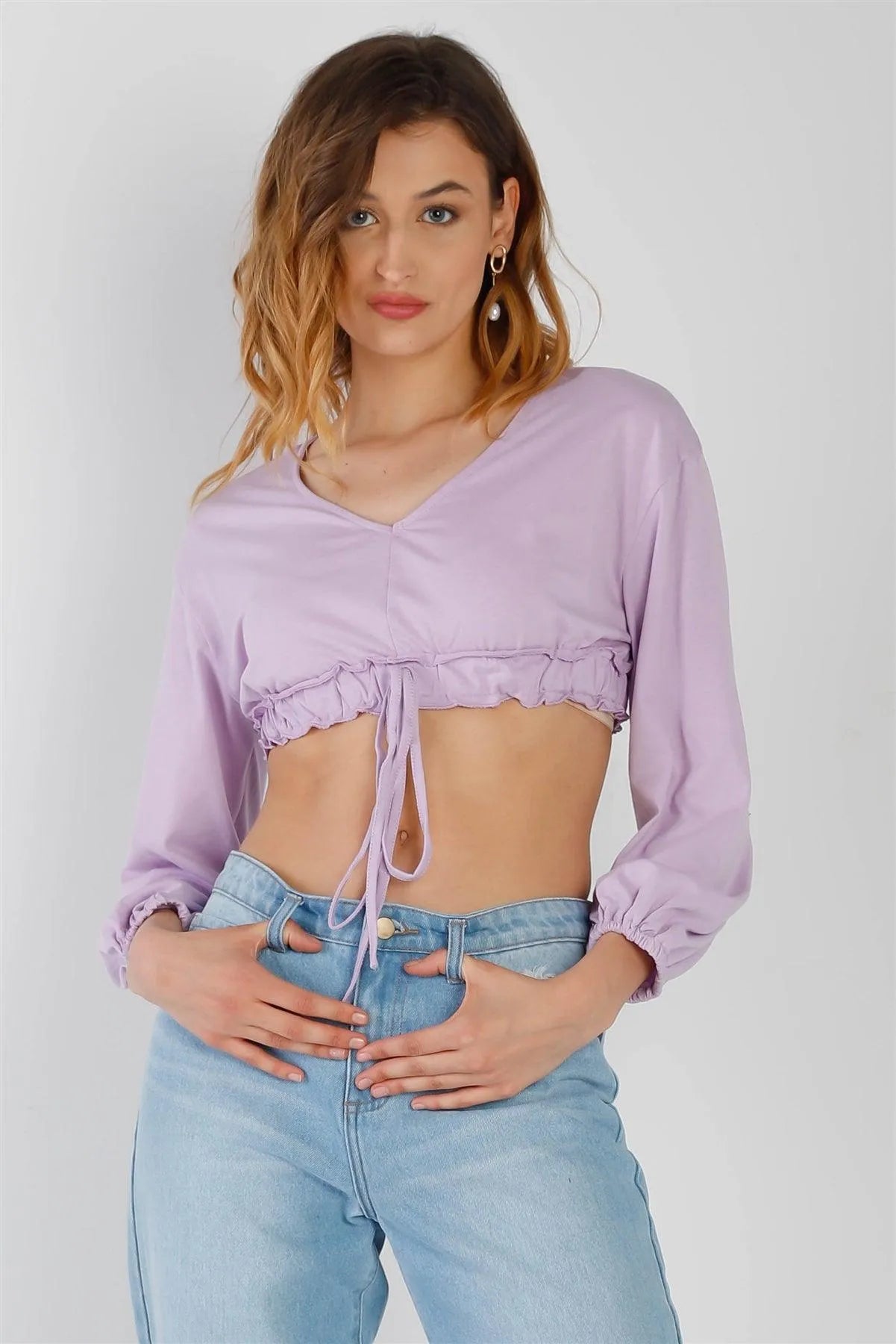 Lilac Self-Tie Ruffle Hem V-Neck Long Balloon Sleeve Crop Top /2-2-2 - Tasha Apparel Wholesale