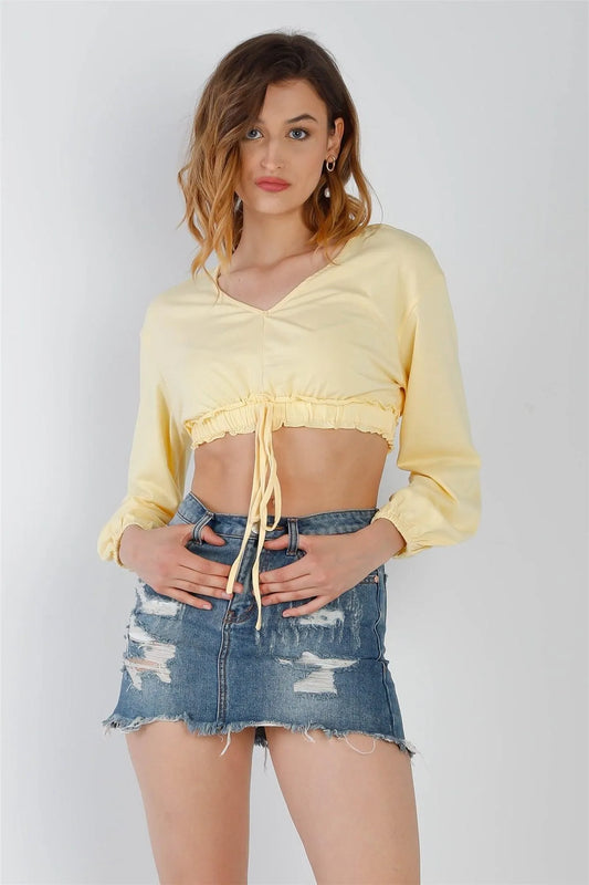 Yellow Self-Tie Ruffle Hem V-Neck Long Balloon Sleeve Crop Top /2-2-2 - Tasha Apparel Wholesale