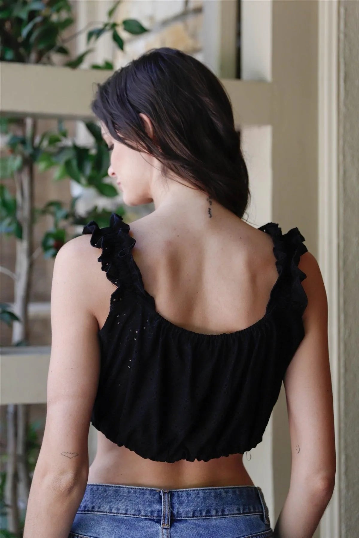 Black Embroidered Ruffle Trim Strap Sleeveless Crop Top /2-2-2 - Tasha Apparel Wholesale