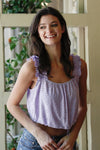 Lilac Embroidered Ruffle Trim Strap Sleeveless Crop Top /2-2-2 - Tasha Apparel Wholesale