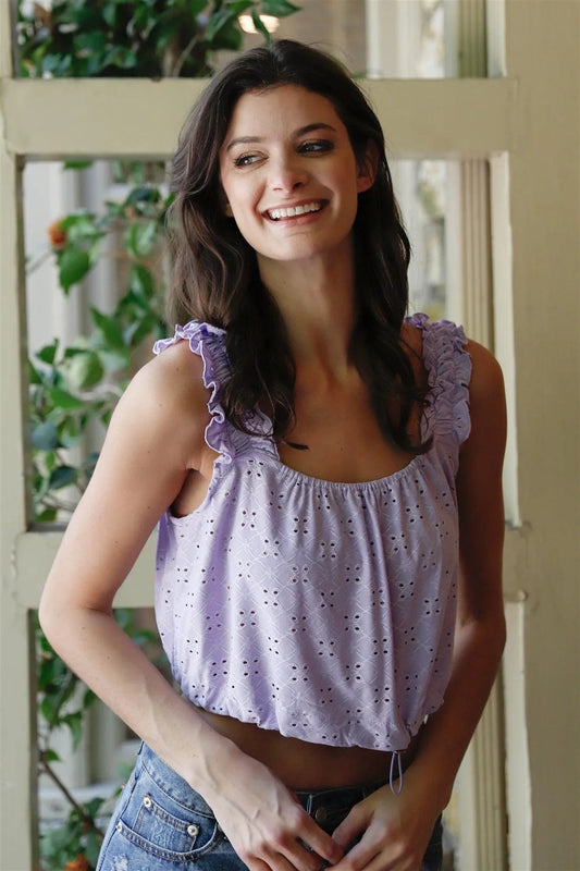 Lilac Embroidered Ruffle Trim Strap Sleeveless Crop Top /2-2-2 - Tasha Apparel Wholesale