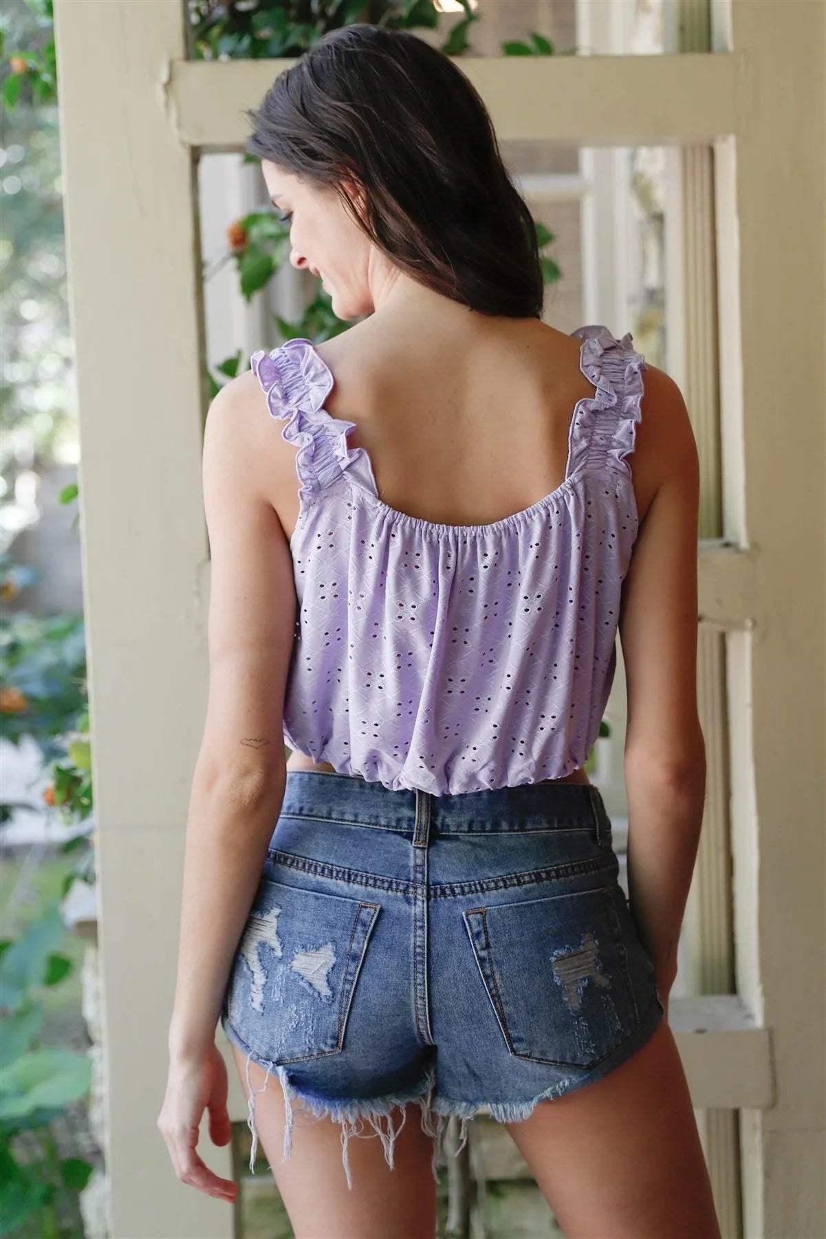 Lilac Embroidered Ruffle Trim Strap Sleeveless Crop Top /2-2-2 - Tasha Apparel Wholesale
