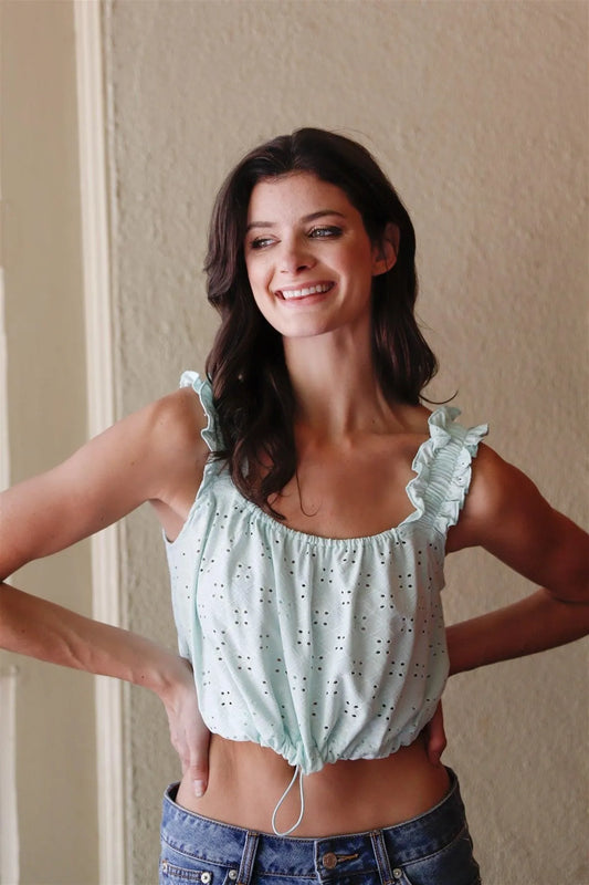 Mint Embroidered Ruffle Trim Strap Sleeveless Crop Top /2-2-2 - Tasha Apparel Wholesale