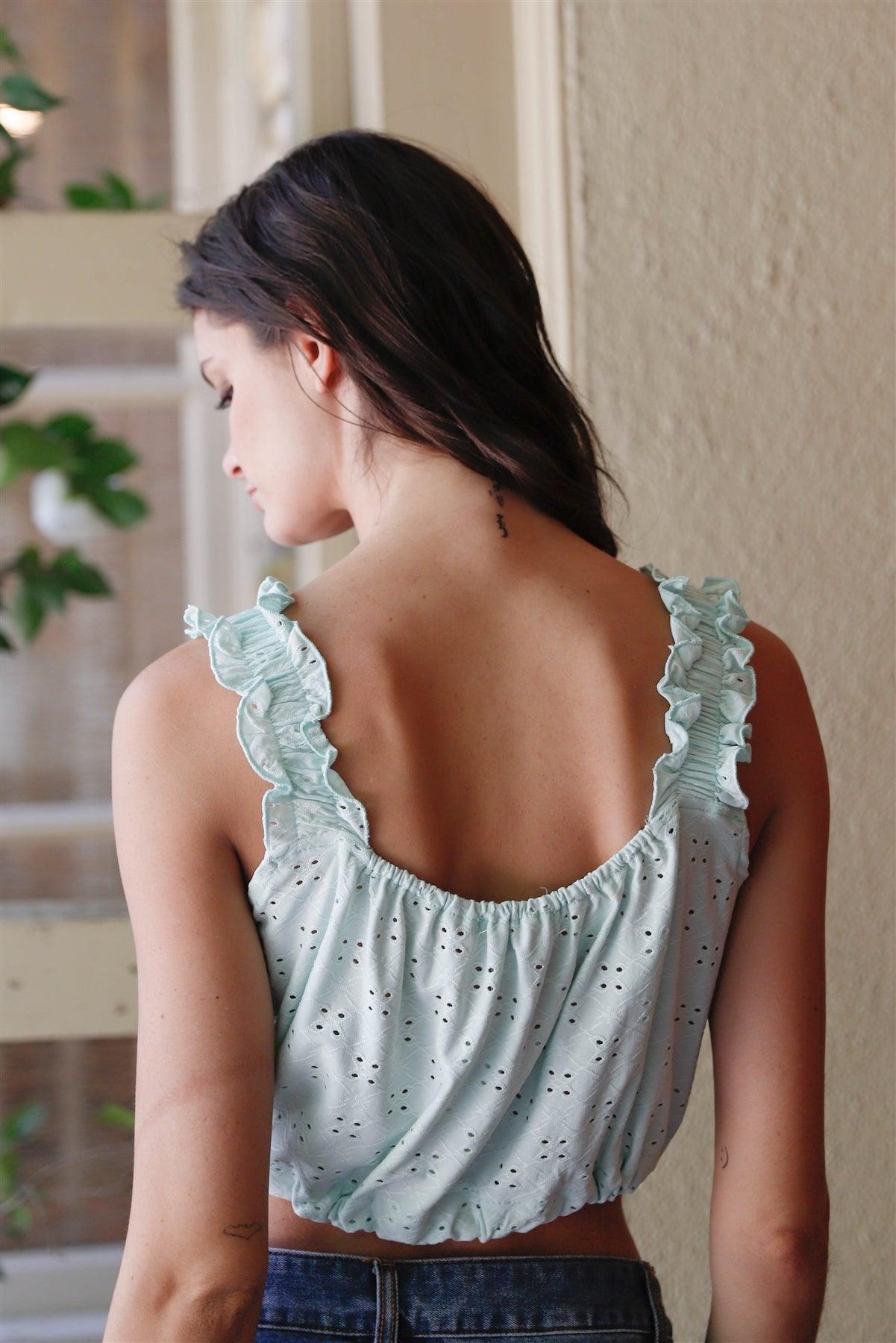 Mint Embroidered Ruffle Trim Strap Sleeveless Crop Top /2-2-2