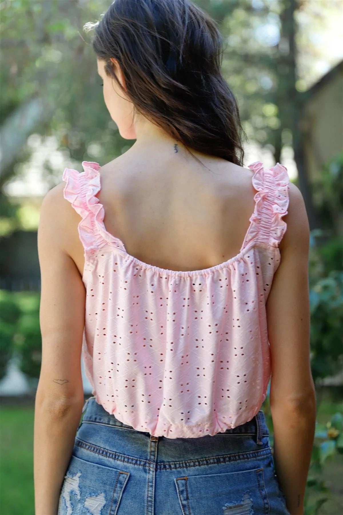 Pink Embroidered Ruffle Trim Strap Sleeveless Crop Top /2-2-2 - Tasha Apparel Wholesale