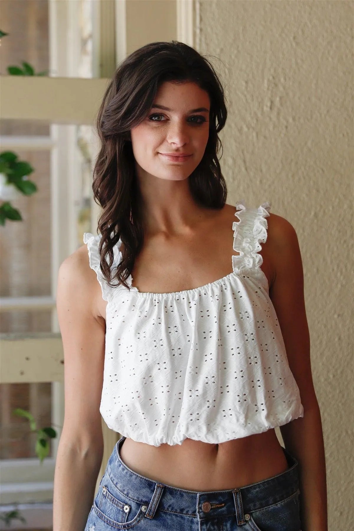 White Embroidered Ruffle Trim Strap Sleeveless Crop Top /2-2-2 - Tasha Apparel Wholesale