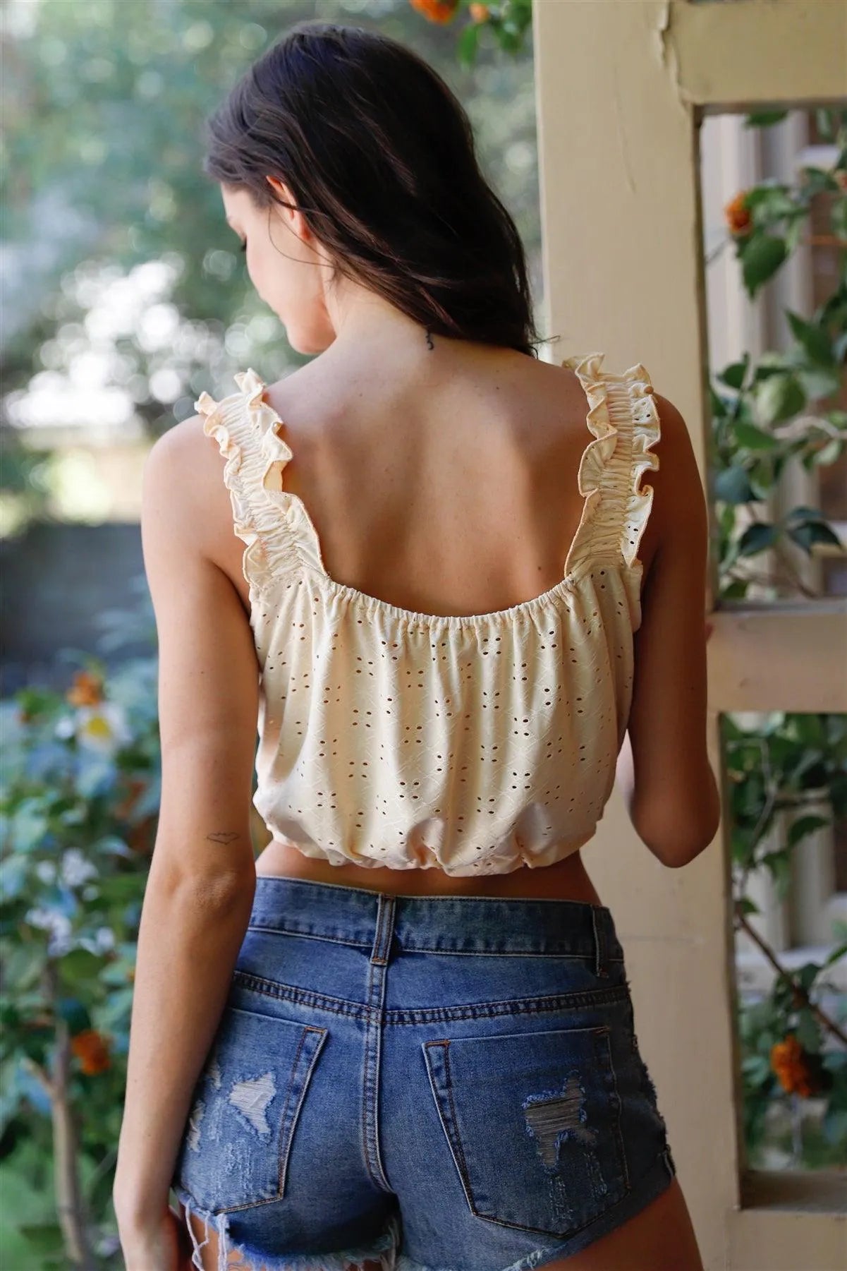 Yellow Embroidered Ruffle Trim Strap Sleeveless Crop Top /2-2-2 - Tasha Apparel Wholesale