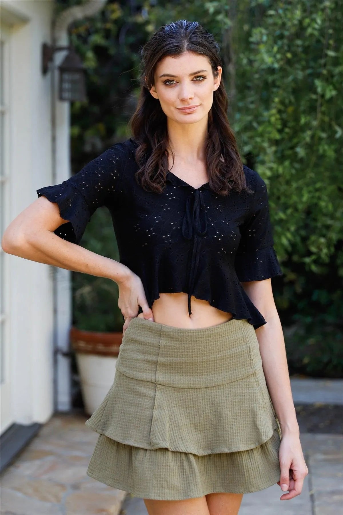 Black Embroidered Flare Trim Self-Tie Detail Collared Crop Top /2-2-2 - Tasha Apparel Wholesale