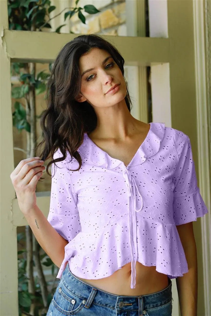 Purple Embroidered Flare Trim Self-Tie Detail Collared Crop Top /2-2-2 - Tasha Apparel Wholesale