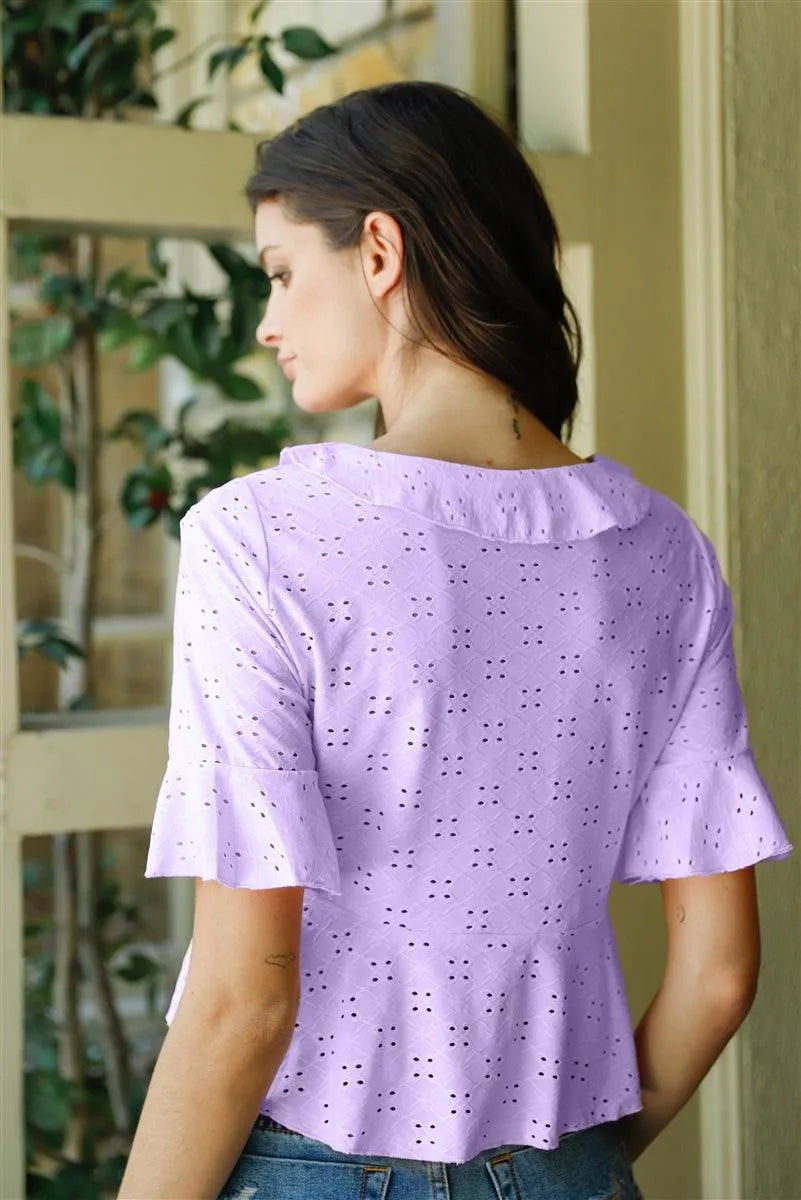 Purple Embroidered Flare Trim Self-Tie Detail Collared Crop Top /2-2-2 - Tasha Apparel Wholesale