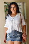 White Embroidered Flare Trim Self-Tie Detail Collared Crop Top /2-2-2 - Tasha Apparel Wholesale