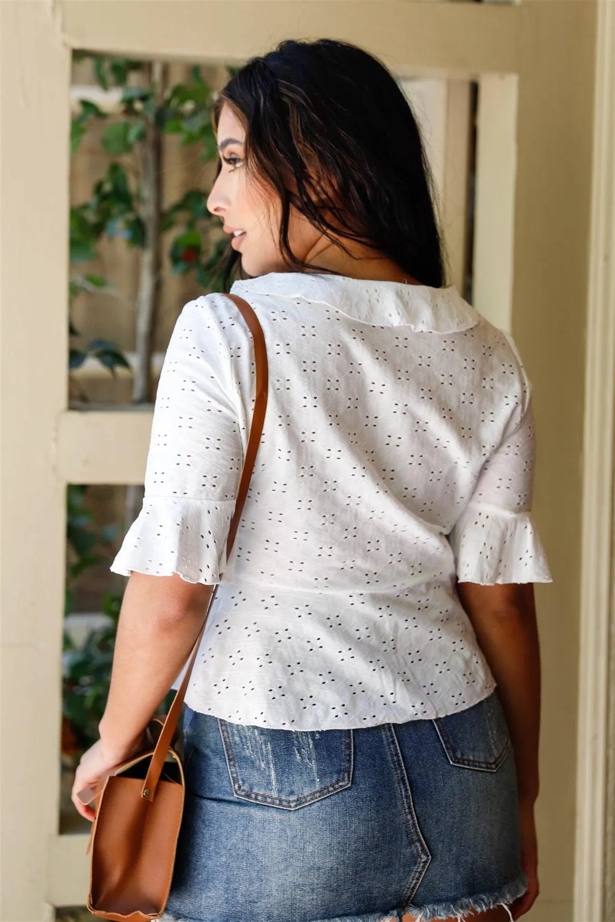 White Embroidered Flare Trim Self-Tie Detail Collared Crop Top /2-2-2 - Tasha Apparel Wholesale