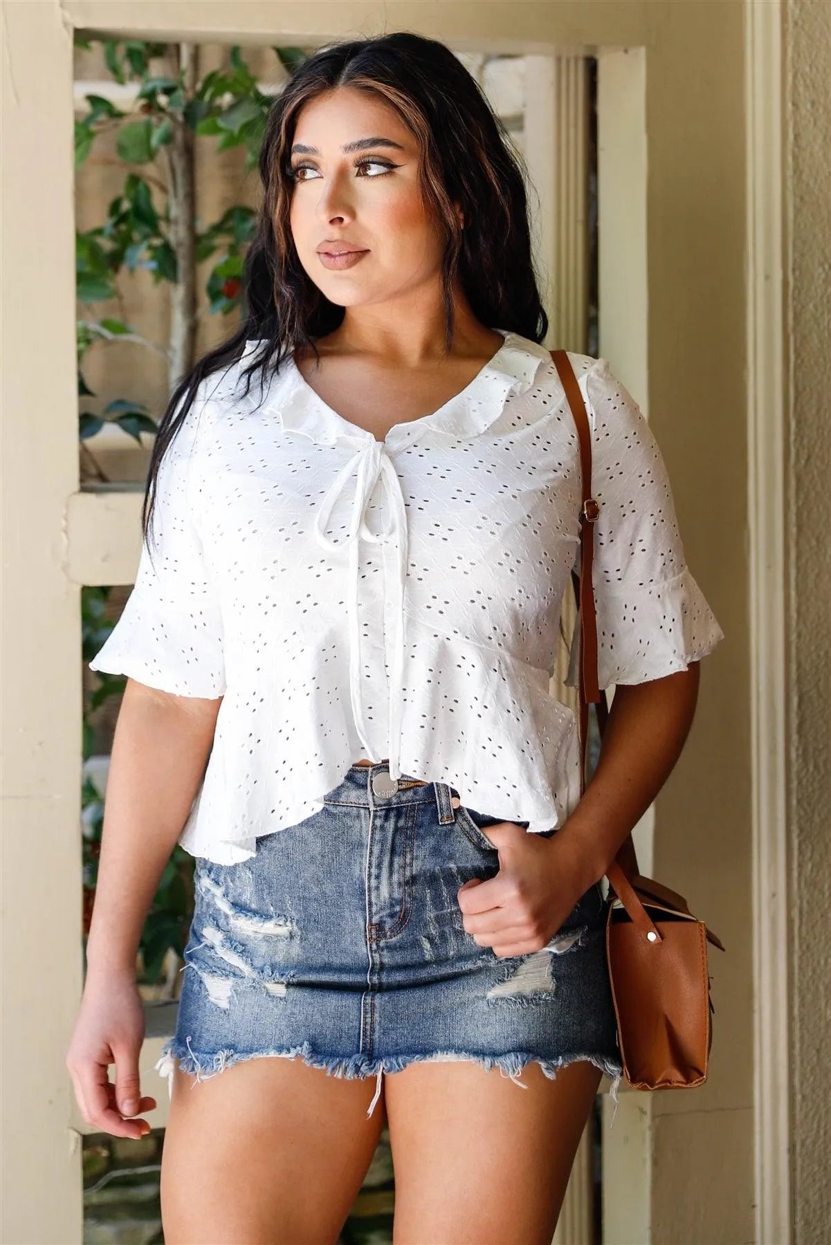 White Embroidered Flare Trim Self-Tie Detail Collared Crop Top /2-2-2 - Tasha Apparel Wholesale