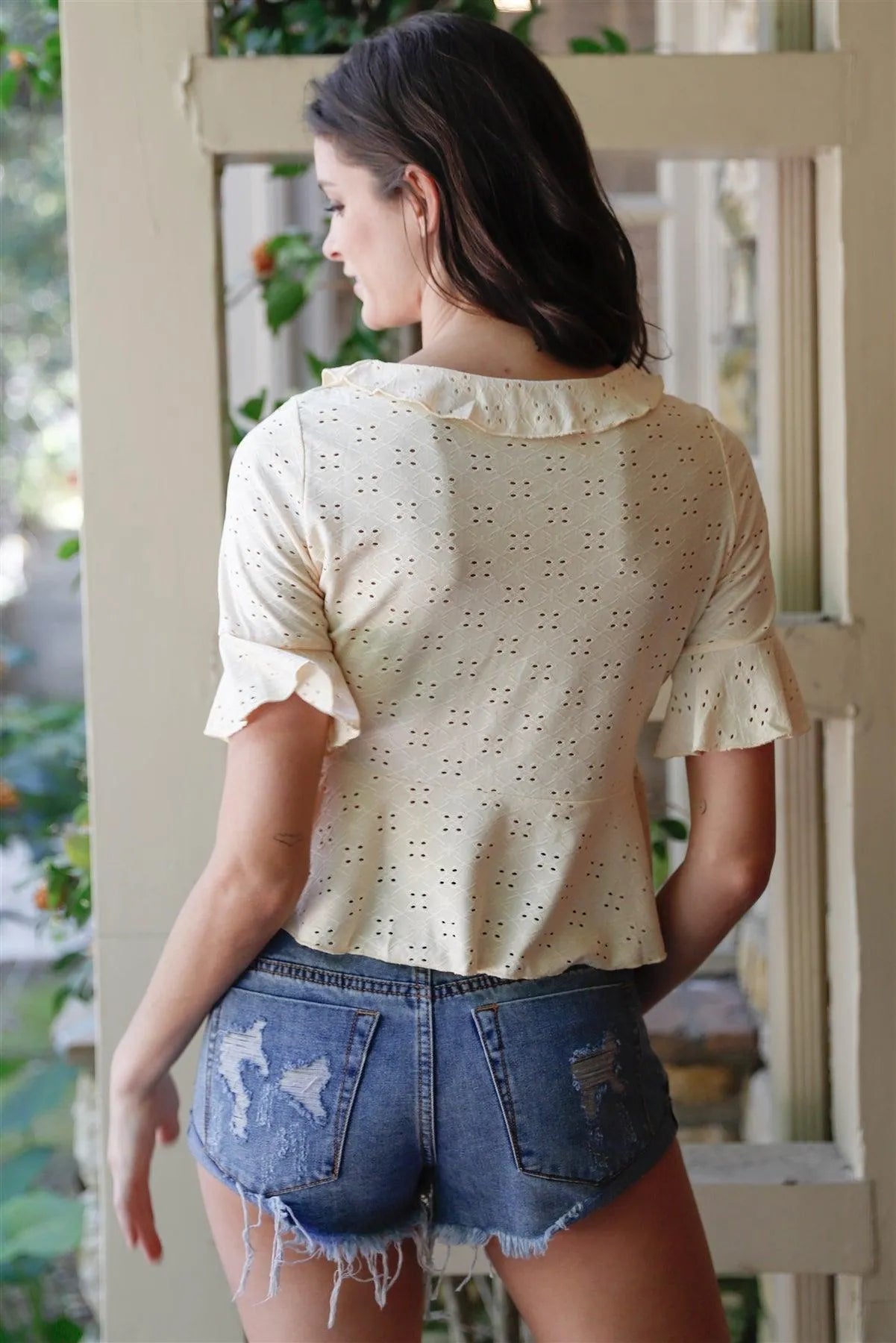 Yellow Embroidered Flare Trim Self-Tie Detail Collared Crop Top /2-2-2 - Tasha Apparel Wholesale