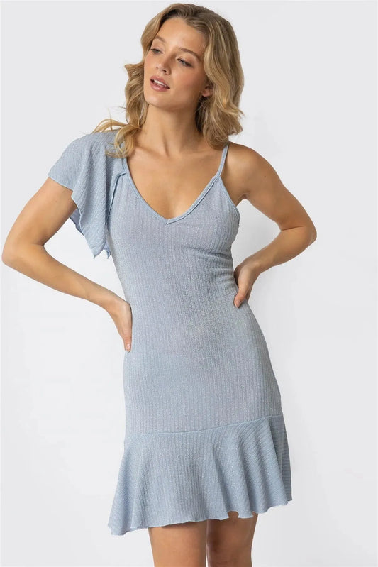 Blue Silver Lurex One Flare Shoulder V-Neck Mini Dress /2-2-2 - Tasha Apparel Wholesale