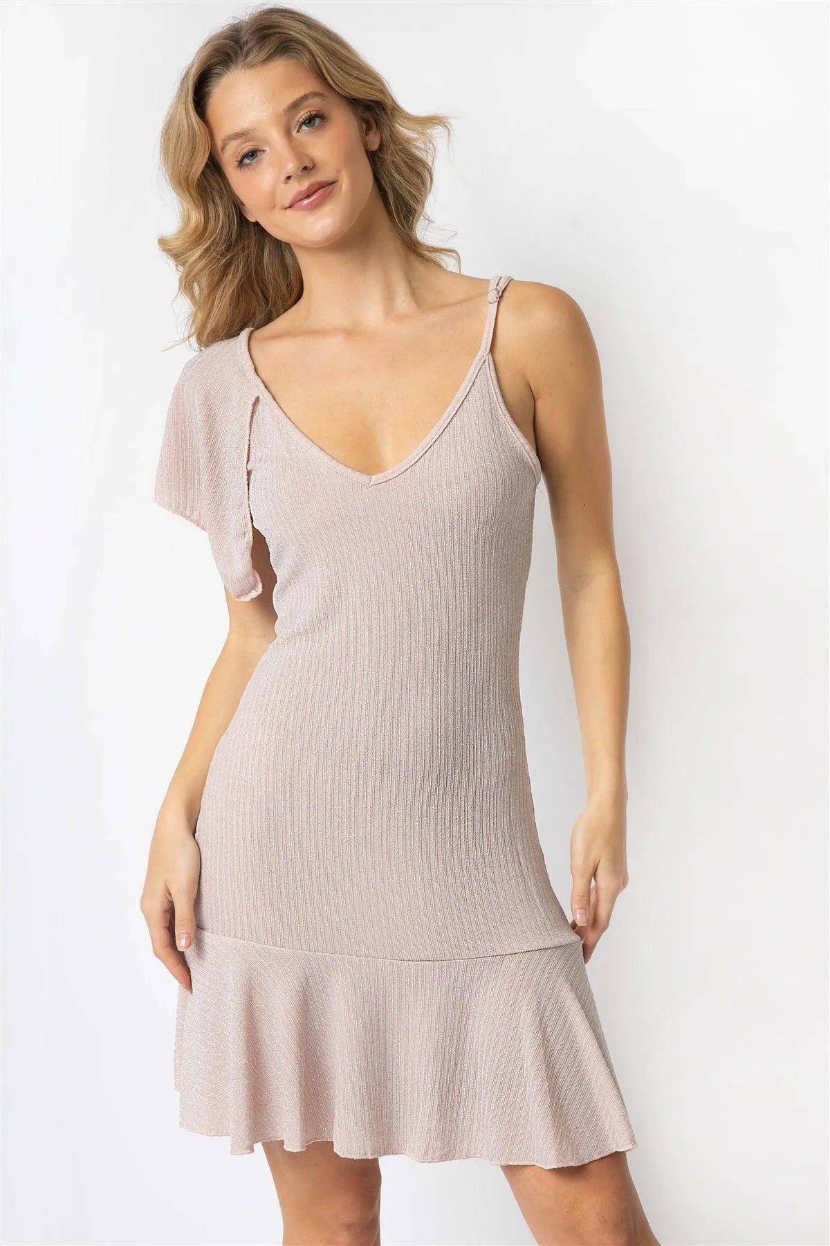 Pink Silver Lurex One Flare Shoulder V-Neck Mini Dress /2-2-2 - Tasha Apparel Wholesale