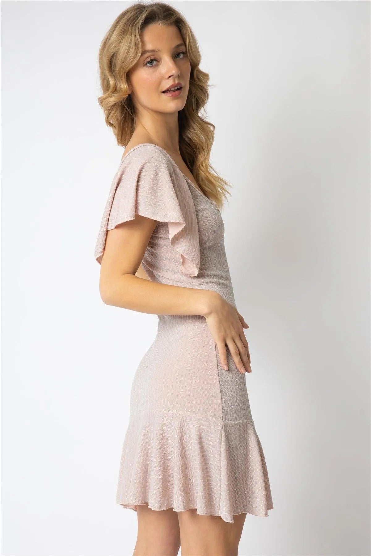 Pink Silver Lurex One Flare Shoulder V-Neck Mini Dress /2-2-2 - Tasha Apparel Wholesale
