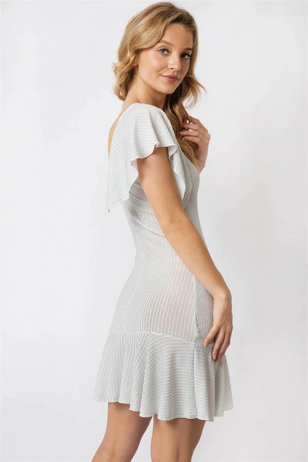 Silver Lurex One Flare Shoulder V-Neck Mini Dress /2-2-2 - Tasha Apparel Wholesale