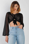 Black Crochet O-Ring Detail With Self-Tie Long Kimono Sleeve Crop Top /2-2-2 - Tasha Apparel Wholesale