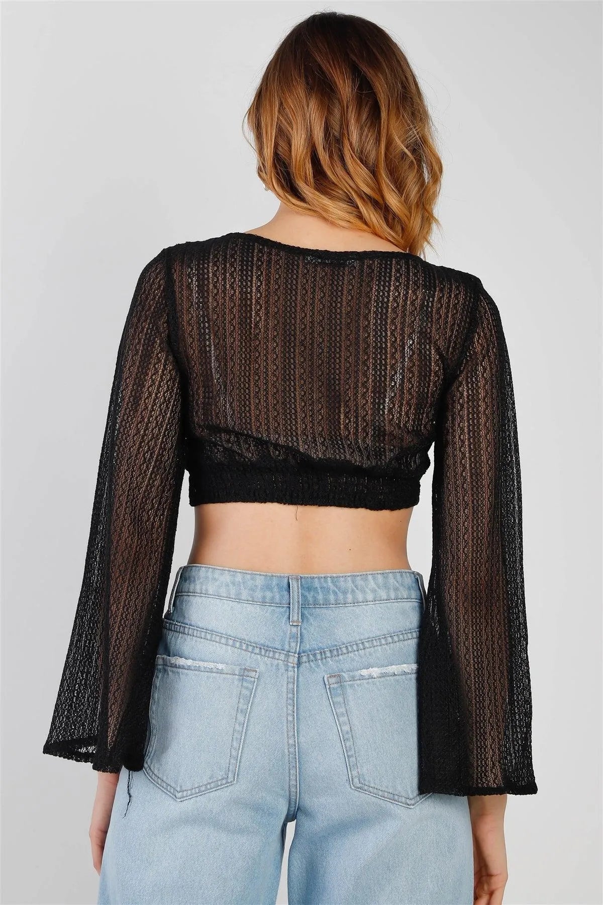 Black Crochet O-Ring Detail With Self-Tie Long Kimono Sleeve Crop Top /2-2-2 - Tasha Apparel Wholesale