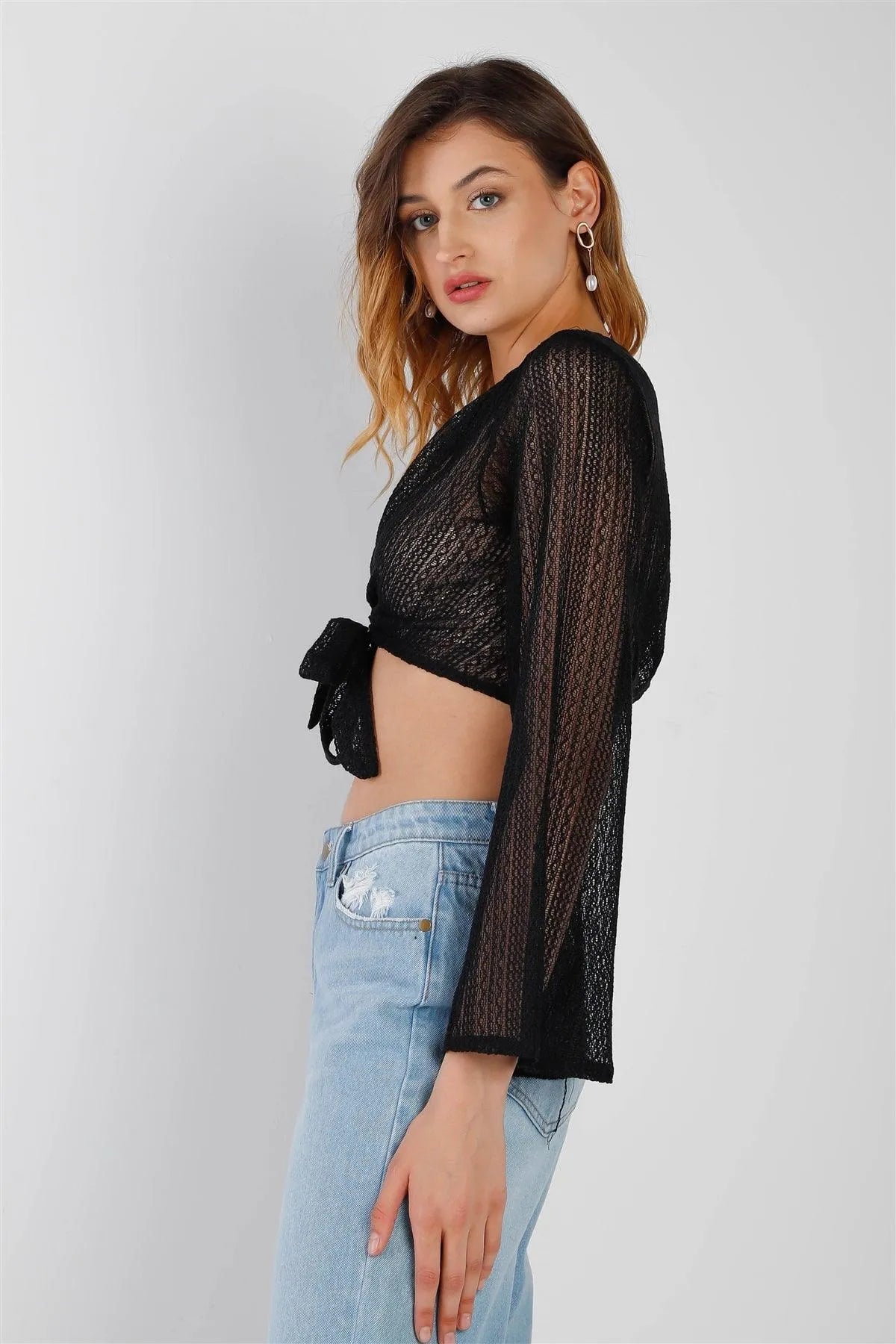 Black Crochet O-Ring Detail With Self-Tie Long Kimono Sleeve Crop Top /2-2-2 - Tasha Apparel Wholesale