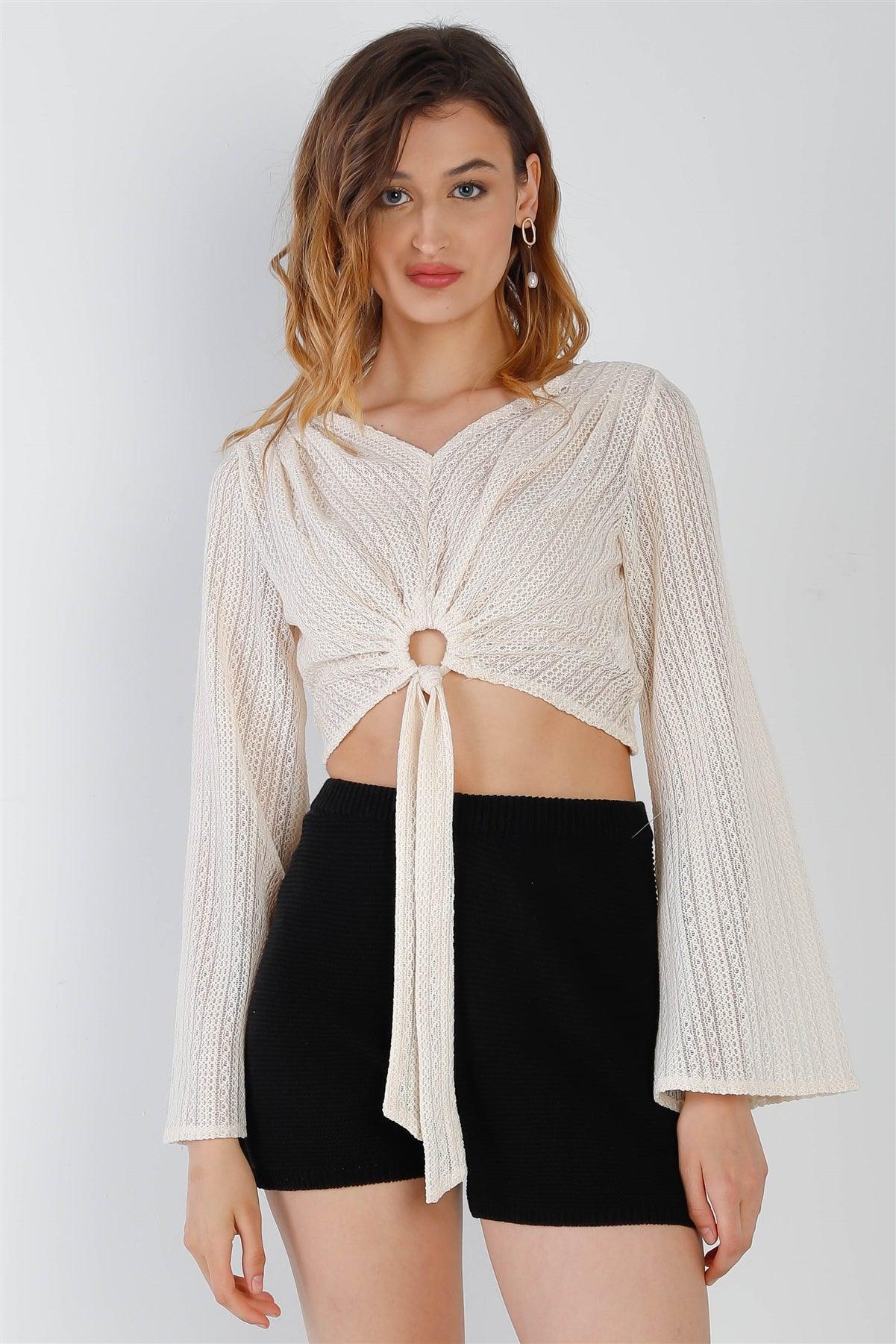 Ivory Crochet O-Ring Detail With Self-Tie Long Kimono Sleeve Crop Top /2-2-2