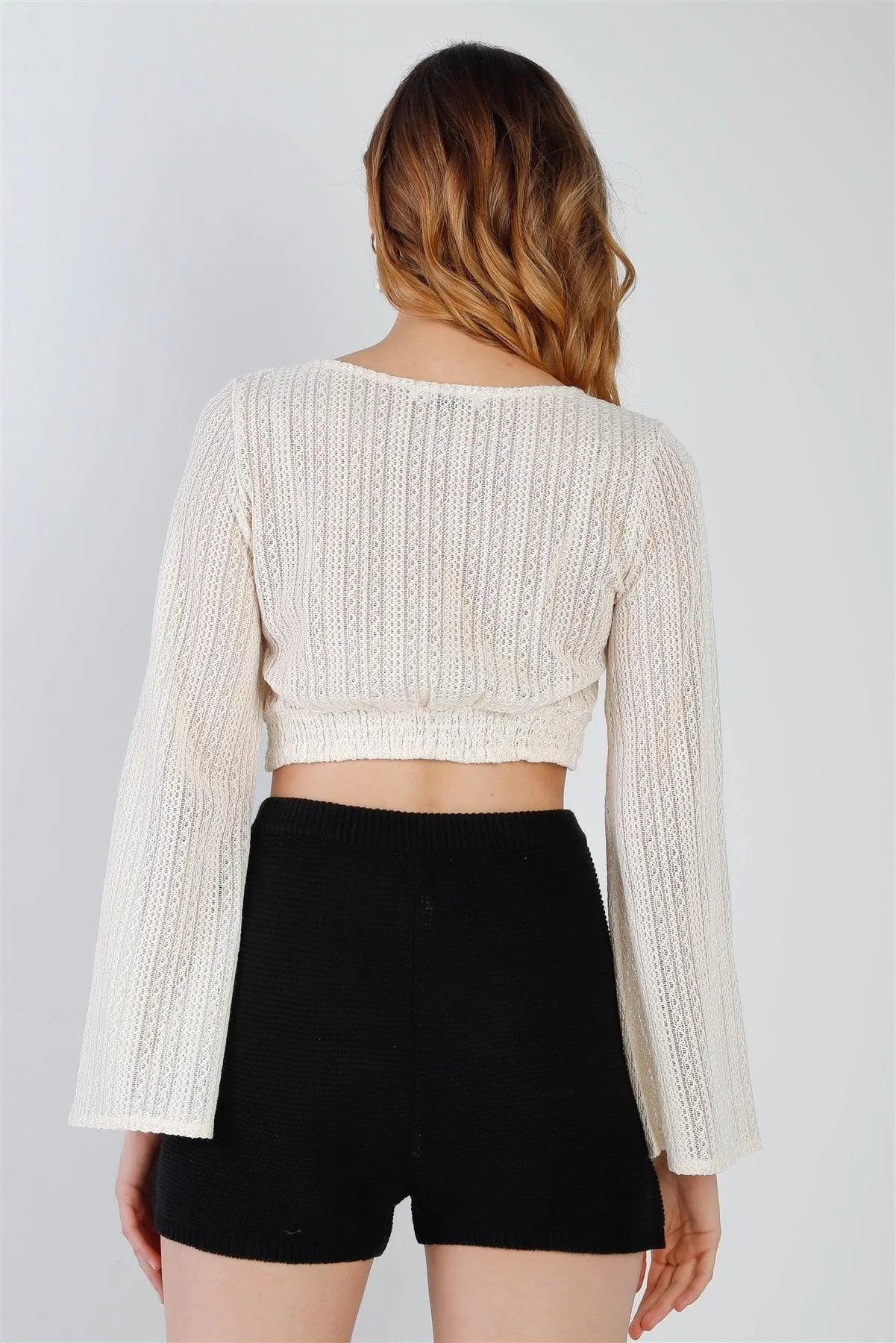 Ivory Crochet O-Ring Detail With Self-Tie Long Kimono Sleeve Crop Top /2-2-2 - Tasha Apparel Wholesale