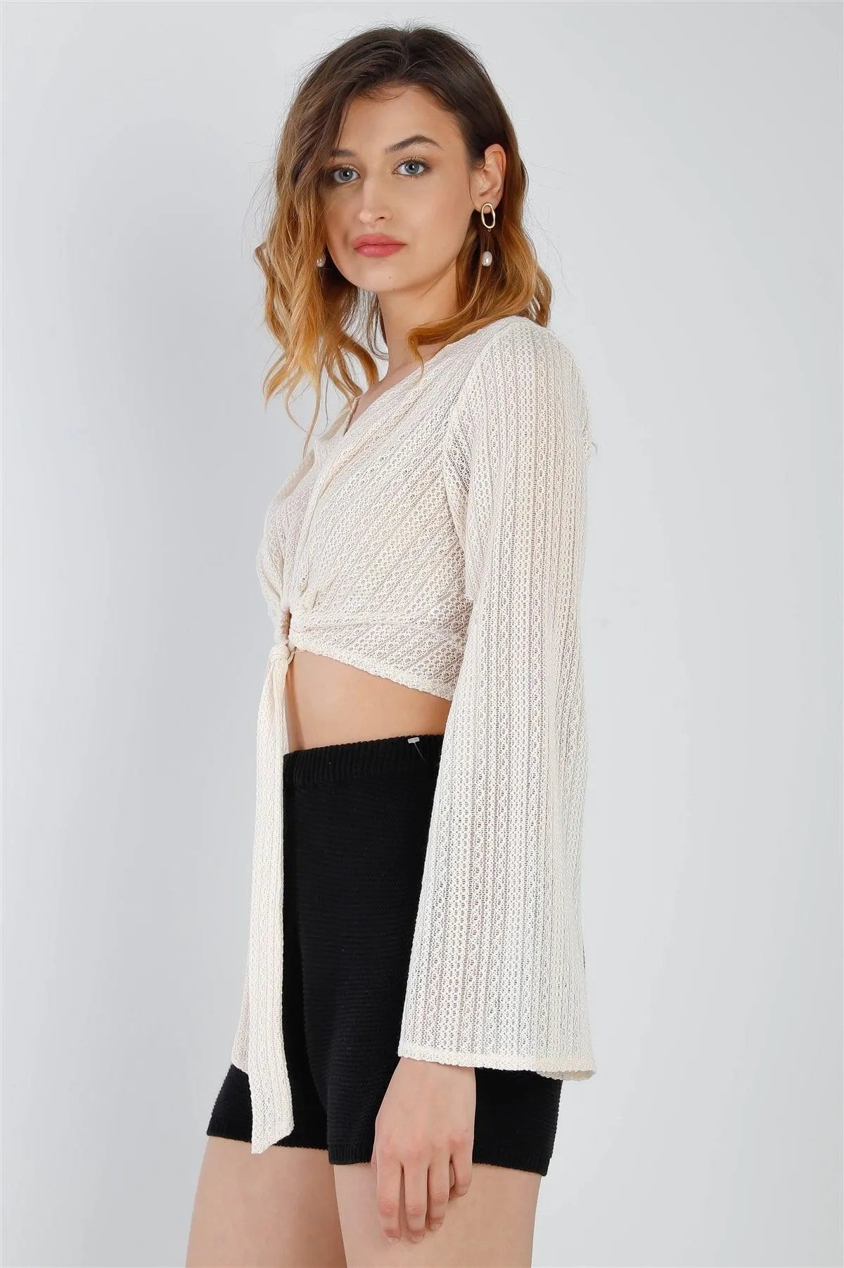 Ivory Crochet O-Ring Detail With Self-Tie Long Kimono Sleeve Crop Top /2-2-2 - Tasha Apparel Wholesale