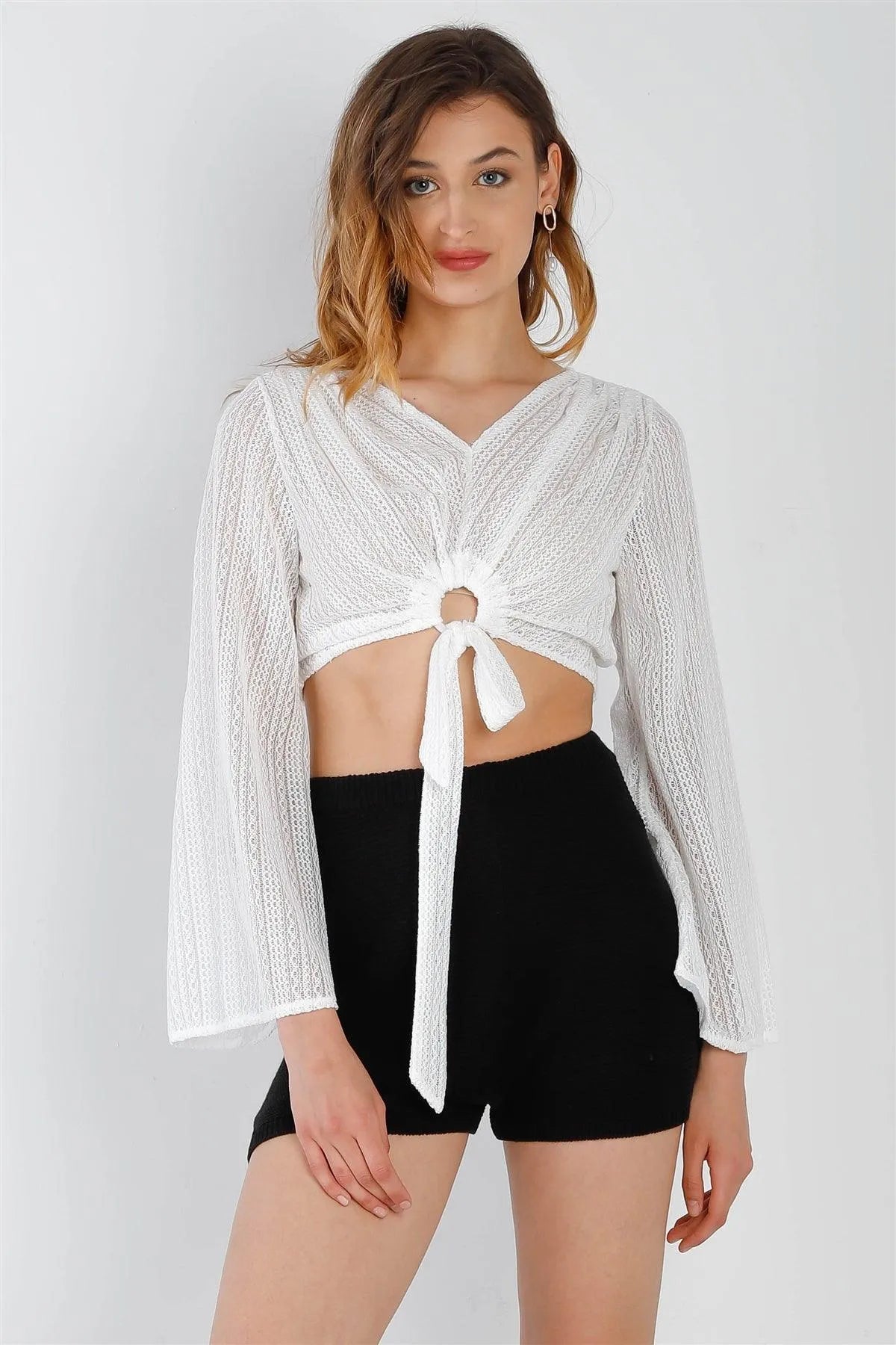 White Crochet O-Ring Detail With Self-Tie Long Kimono Sleeve Crop Top /2-2-2 - Tasha Apparel Wholesale