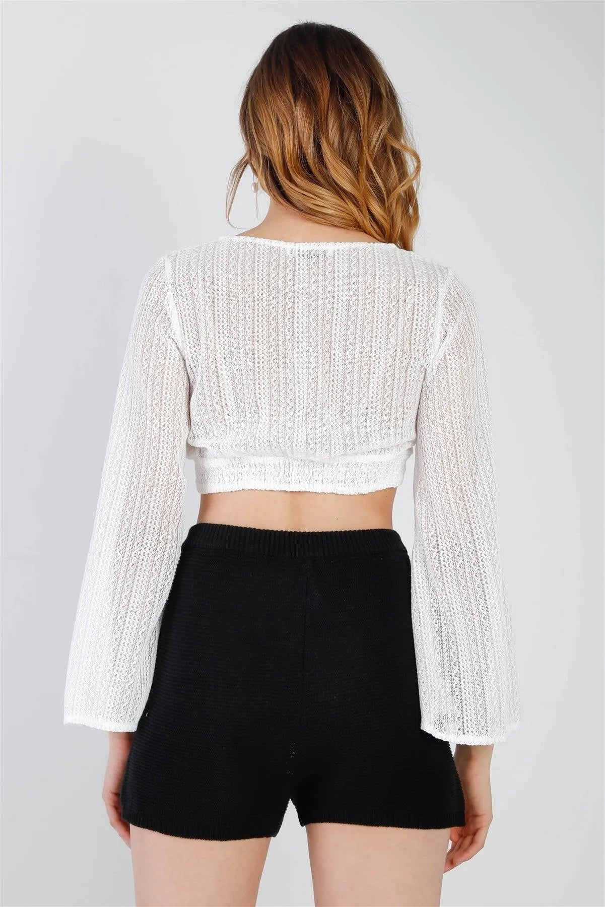 White Crochet O-Ring Detail With Self-Tie Long Kimono Sleeve Crop Top /2-2-2 - Tasha Apparel Wholesale