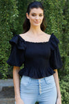 Black Textured Smocked Short Balloon Ruffle Trim Sleeve Top /2-2-2 - Tasha Apparel Wholesale