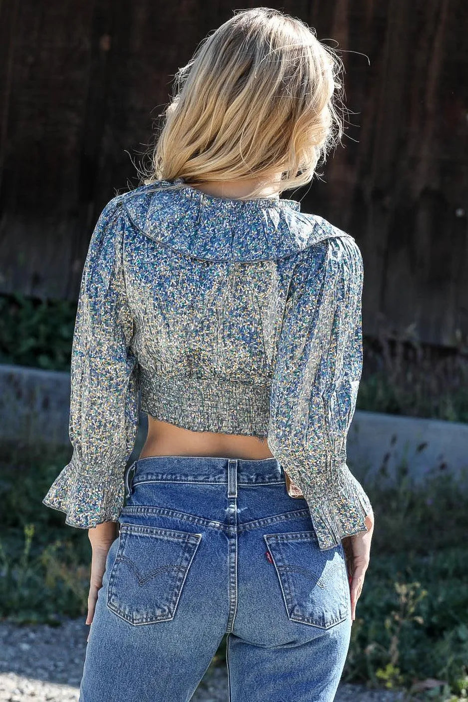 Navy Floral Print Satin Effect Ruffle Trim Detail Midi Sleeve Crop Top /1-2-2 - Tasha Apparel Wholesale